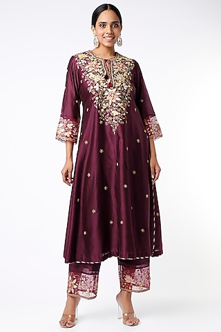 Wine Kurta Set With Zardosi Work by Niti Bothra