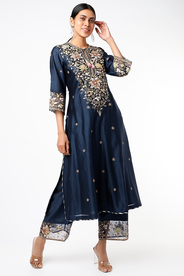 Midnight Blue Kurta Set With Zardosi Work by Niti Bothra