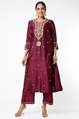 Wine Silk Kurta Set by Niti Bothra