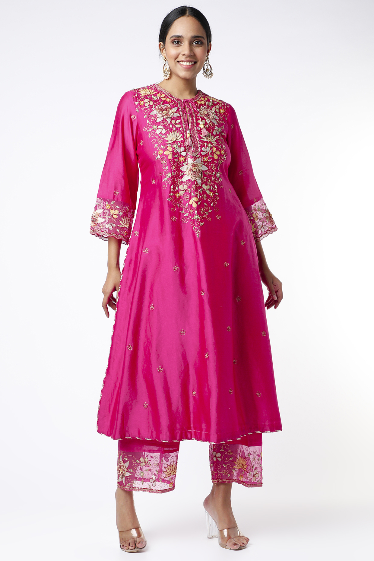 Neon Fuchsia Silk Chanderi Kurta Set by Niti Bothra at Pernia's Pop Up Shop