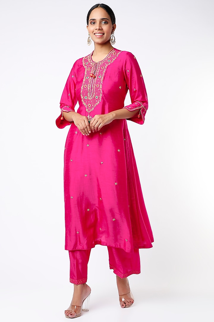 Neon Fuchsia Silk Kurta Set by Niti Bothra at Pernia's Pop Up Shop