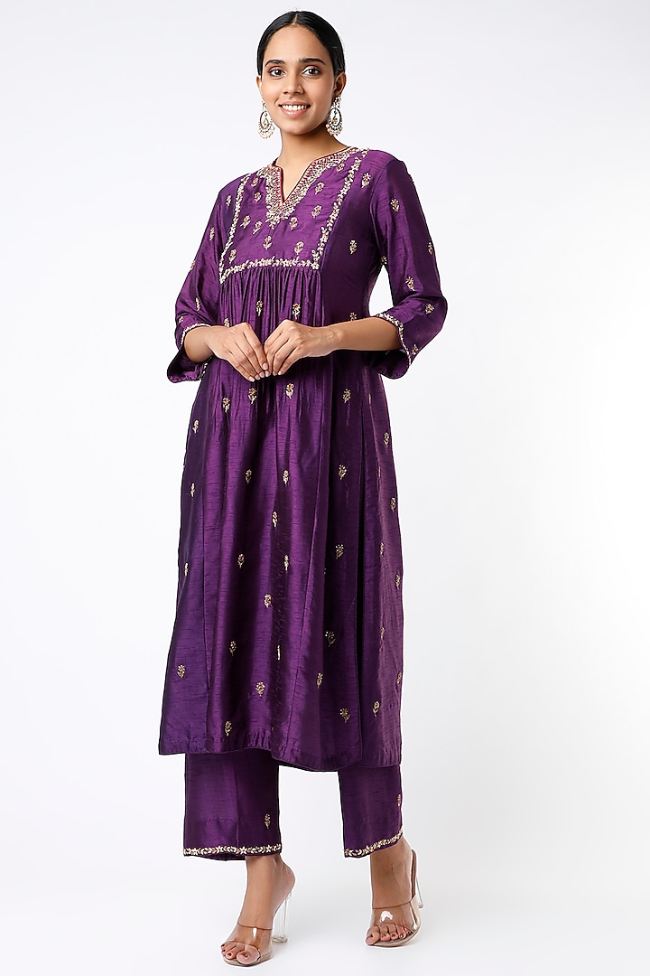 Cadmium Violet Silk Kurta Set by Niti Bothra