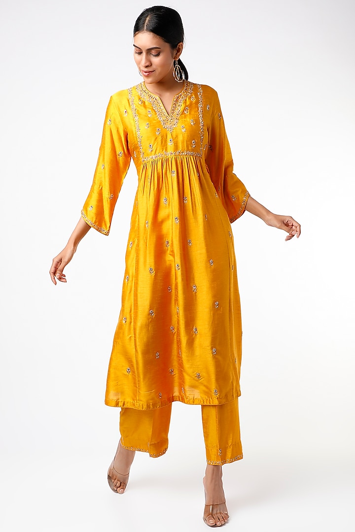 Mango Yellow Silk Kurta Set by Niti Bothra