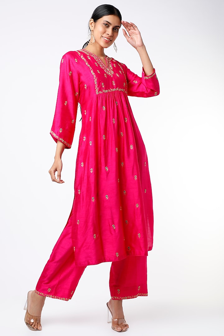 Candy Pink Silk Kurta Set by Niti Bothra