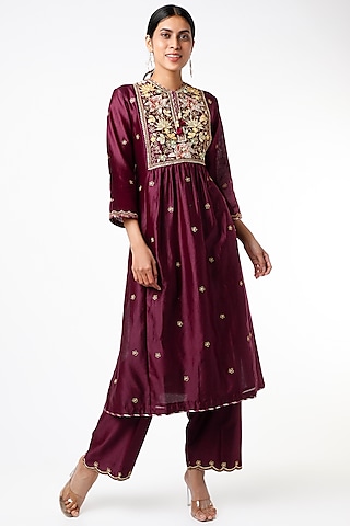 Bordeaux Wine Silk Chanderi Kurta Set by Niti Bothra