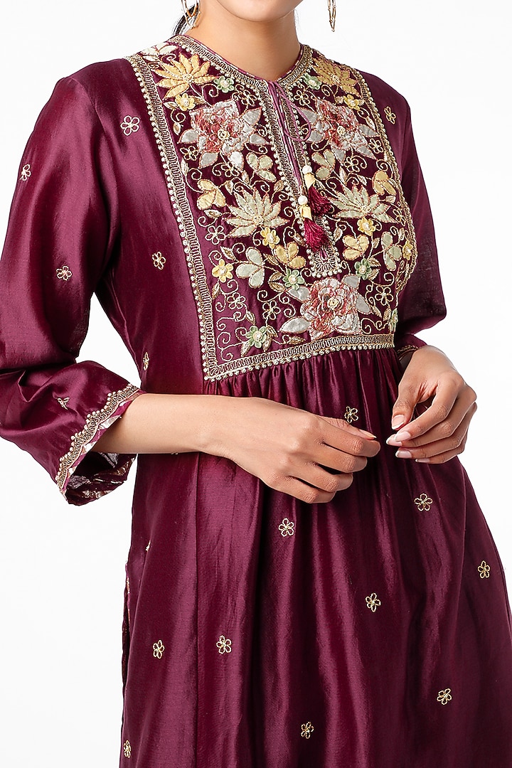 Bordeaux Wine Silk Chanderi Kurta Set by Niti Bothra at Pernia's Pop Up Shop