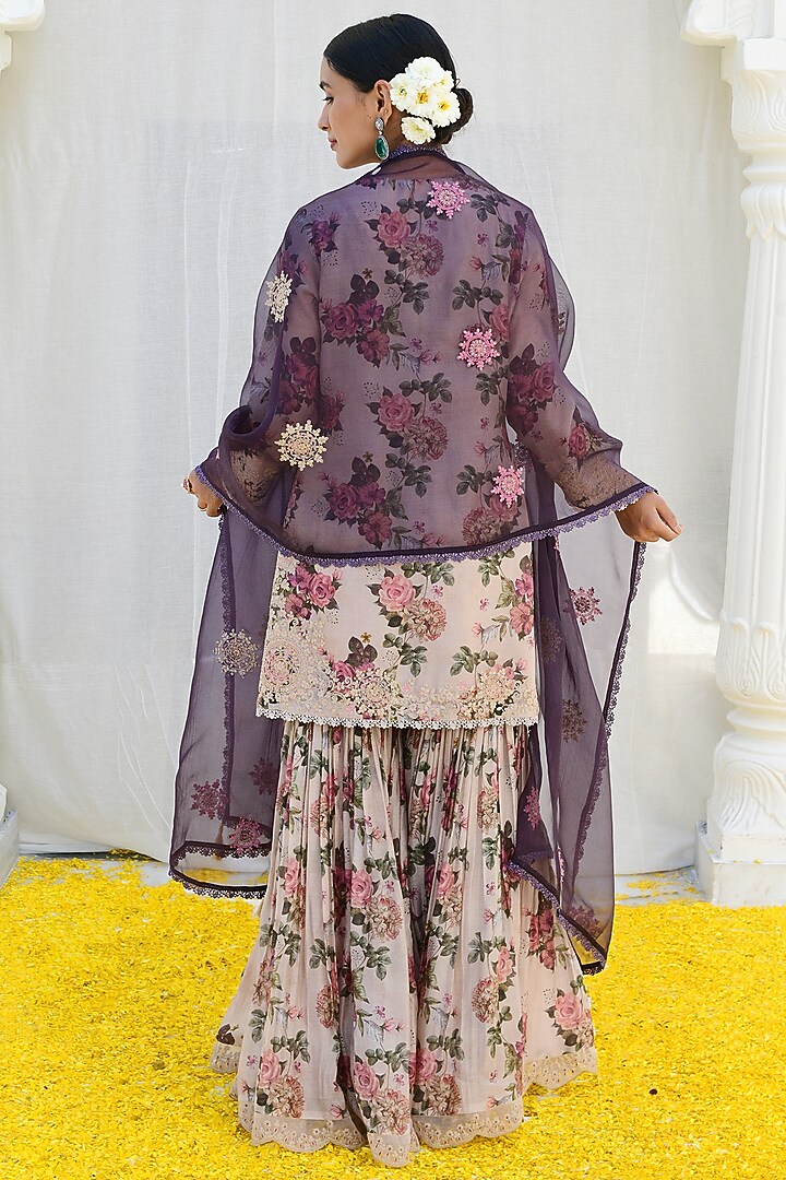 Ivory Silk Printed & Embroidered Wedding Sharara Set by Niti Bothra at Pernia's Pop Up Shop
