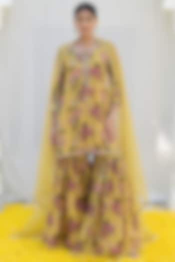 Yellow Silk Printed & Embroidered Sharara Set by Niti Bothra