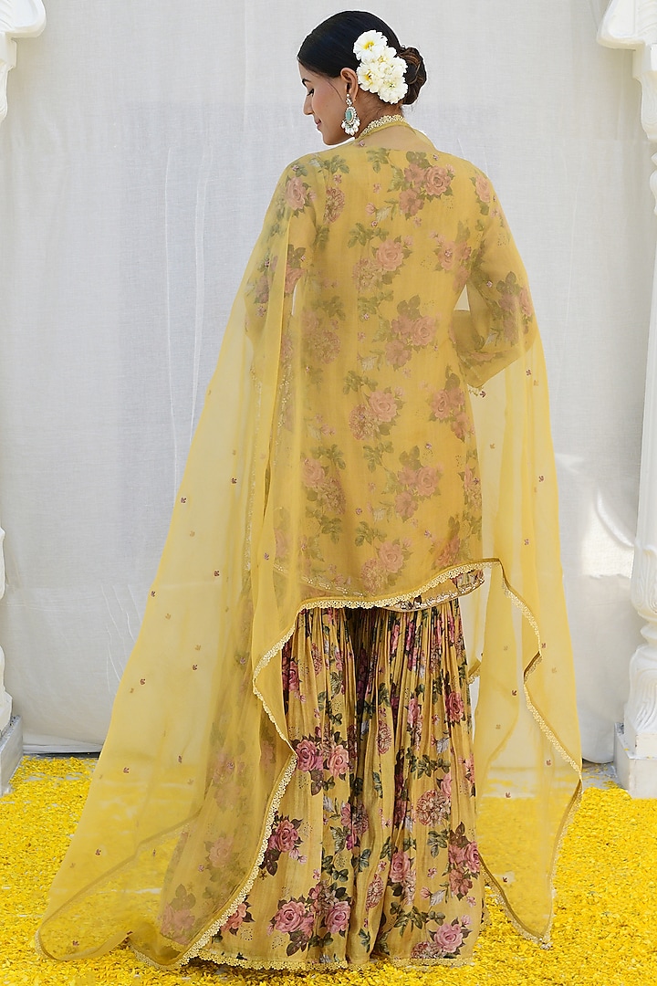 Yellow Silk Printed & Embroidered Wedding Sharara Set by Niti Bothra at Pernia's Pop Up Shop