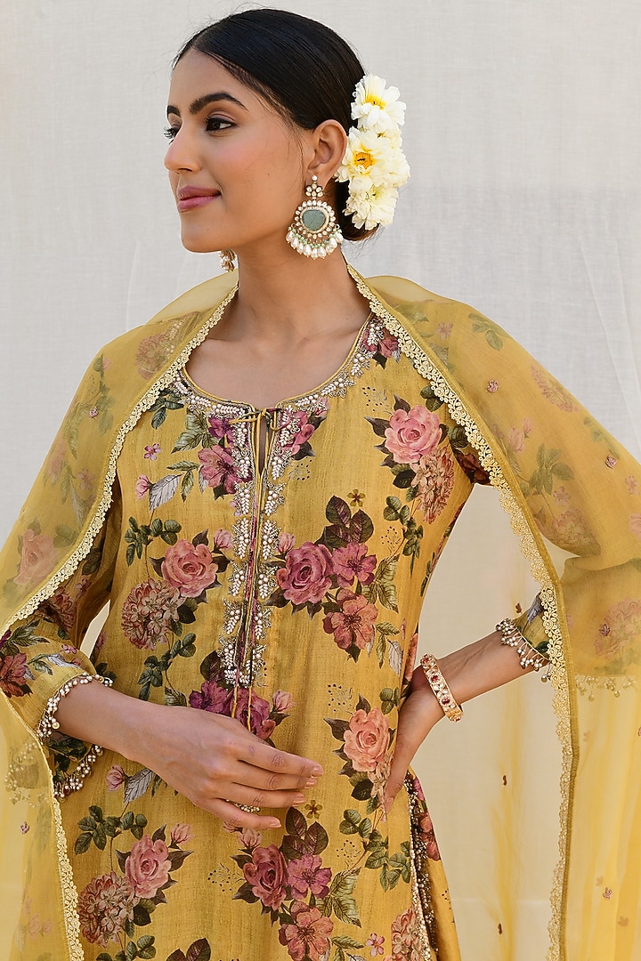 Yellow Silk Printed & Embroidered Wedding Sharara Set by Niti Bothra at Pernia's Pop Up Shop