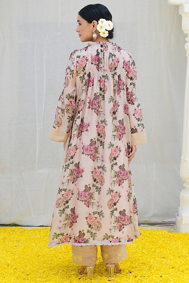 Ivory Silk Printed & Embroidered Kurta Set by Niti Bothra at Pernia's Pop Up Shop