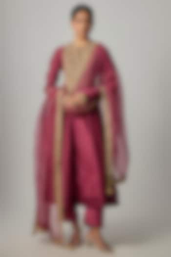 Wine Silk Zardosi Embroidered Kalidar Wedding Anarkali Set by Niti Bothra at Pernia's Pop Up Shop
