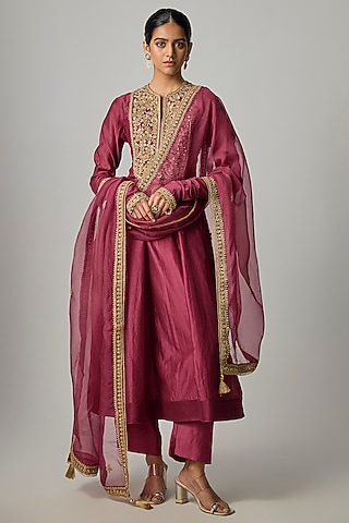 Wine Silk Zardosi Embroidered Kalidar Anarkali Set by Niti Bothra
