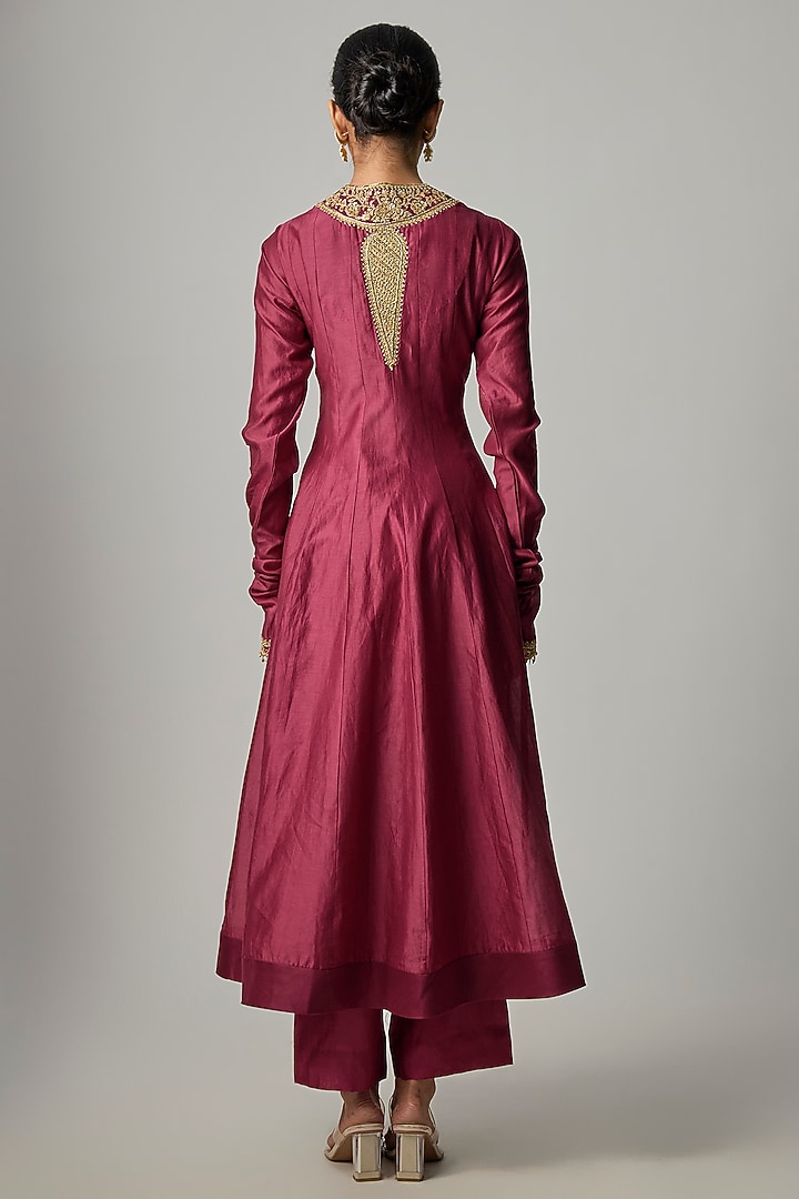Wine Silk Zardosi Embroidered Kalidar Wedding Anarkali Set by Niti Bothra at Pernia's Pop Up Shop