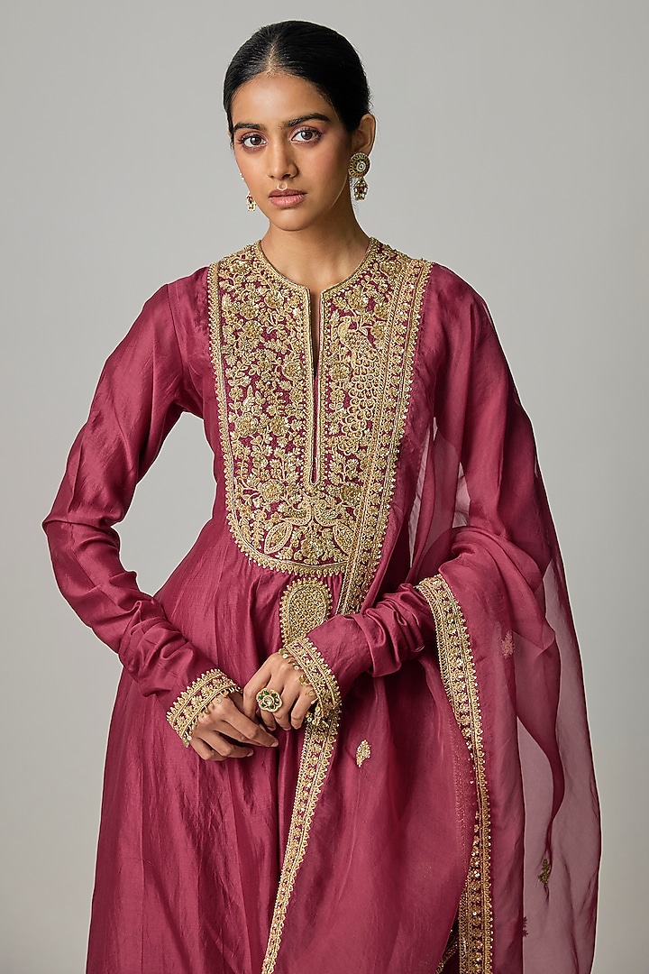 Wine Silk Zardosi Embroidered Kalidar Wedding Anarkali Set by Niti Bothra at Pernia's Pop Up Shop