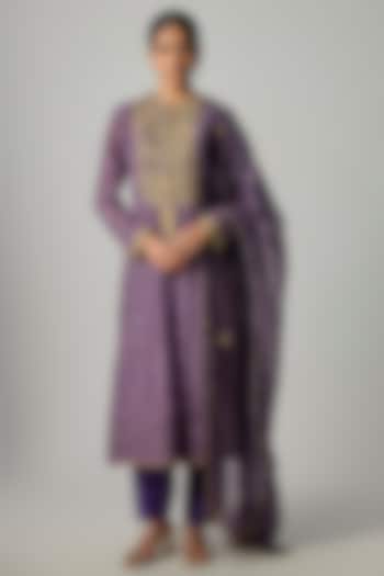 Purple Silk Digital Printed & Embroidered Kalidar Wedding Anarkali Set by Niti Bothra at Pernia's Pop Up Shop