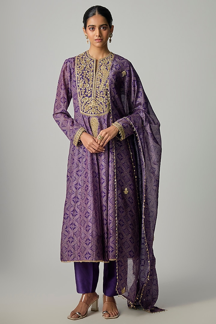 Purple Silk Digital Printed & Embroidered Kalidar Wedding Anarkali Set by Niti Bothra at Pernia's Pop Up Shop