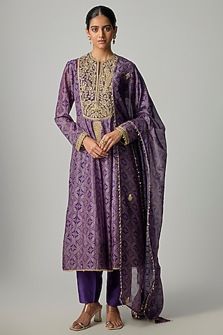 Purple Silk Digital Printed & Embroidered Kalidar Anarkali Set by Niti Bothra