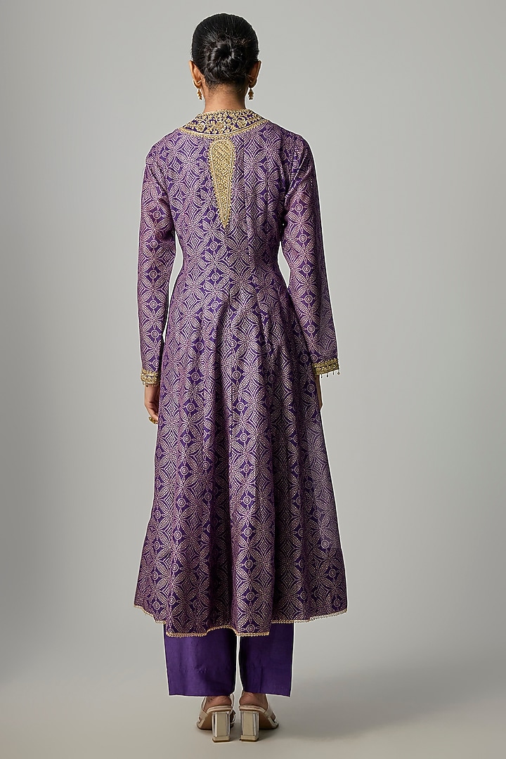 Purple Silk Digital Printed & Embroidered Kalidar Wedding Anarkali Set by Niti Bothra at Pernia's Pop Up Shop