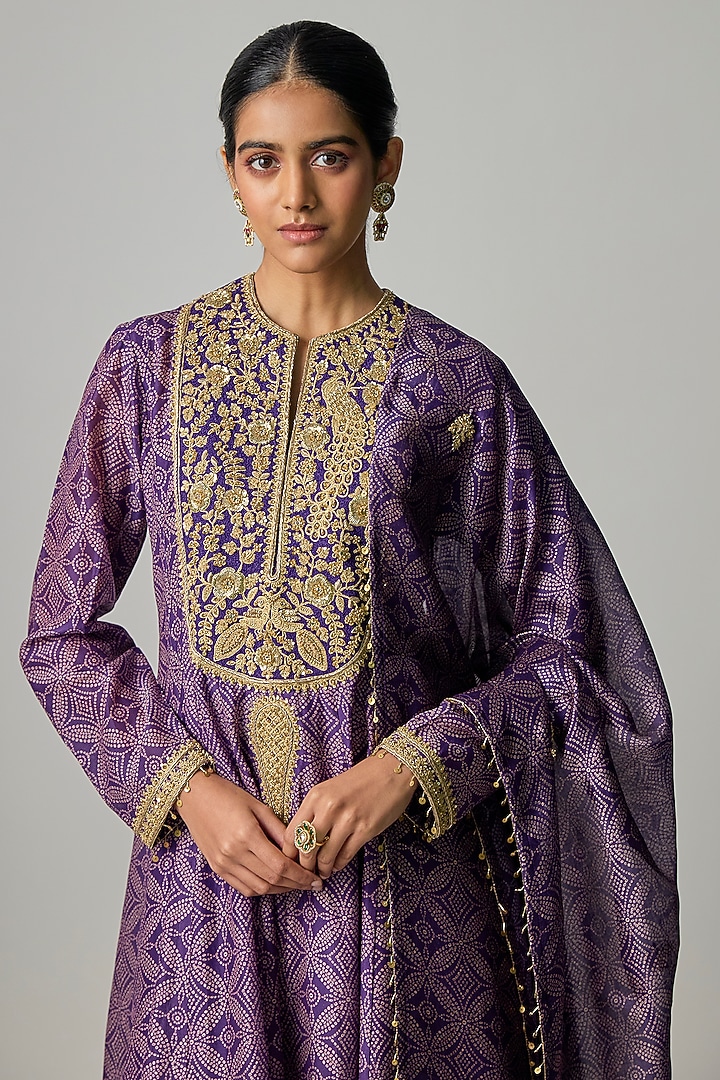 Purple Silk Digital Printed & Embroidered Kalidar Wedding Anarkali Set by Niti Bothra at Pernia's Pop Up Shop