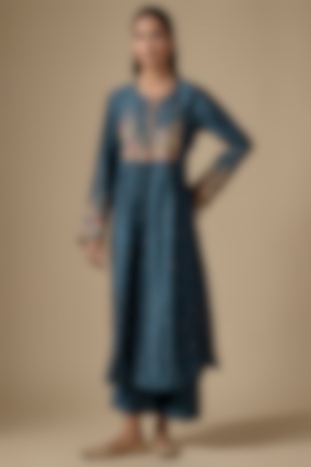 Blue Silk Tencel Zardosi Embroidered Kurta Set by Niti Bothra at Pernia's Pop Up Shop