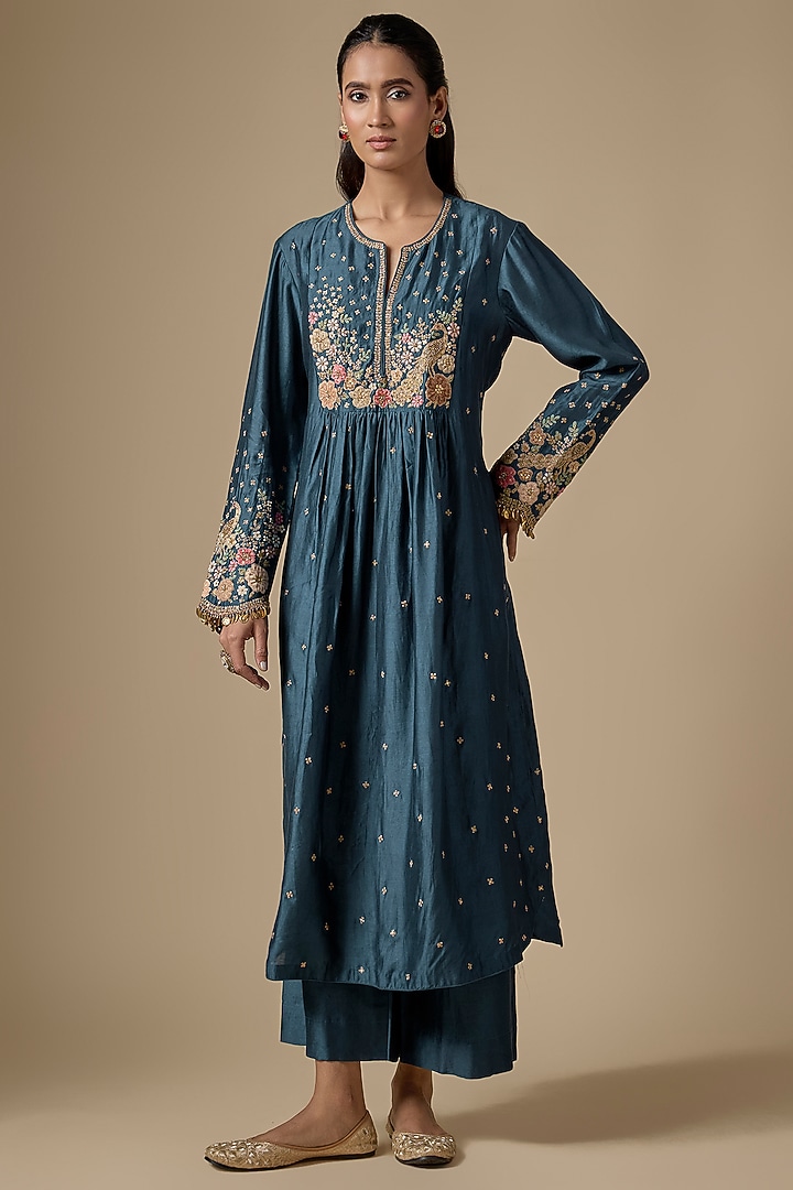 Blue Silk Tencel Zardosi Embroidered Kurta Set by Niti Bothra at Pernia's Pop Up Shop