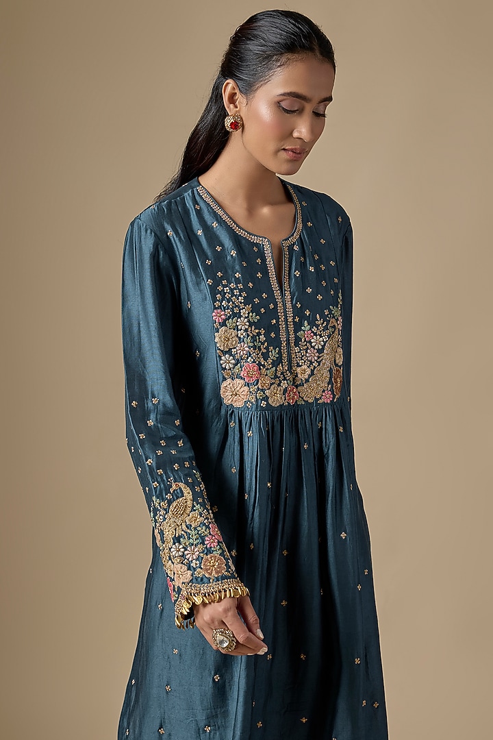 Blue Silk Tencel Zardosi Embroidered Kurta Set by Niti Bothra at Pernia's Pop Up Shop