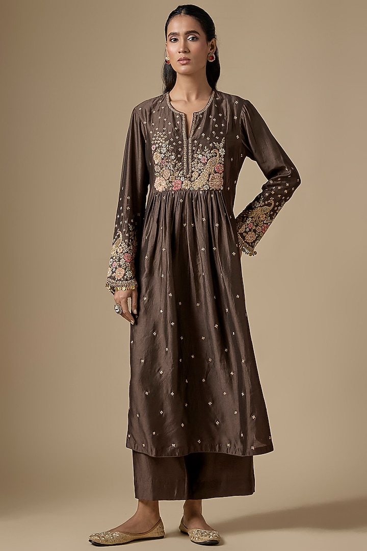 Brown Silk Tencel Zardosi Embroidered Kurta Set by Niti Bothra at Pernia's Pop Up Shop