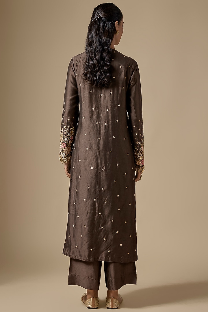 Brown Silk Tencel Zardosi Embroidered Kurta Set by Niti Bothra at Pernia's Pop Up Shop