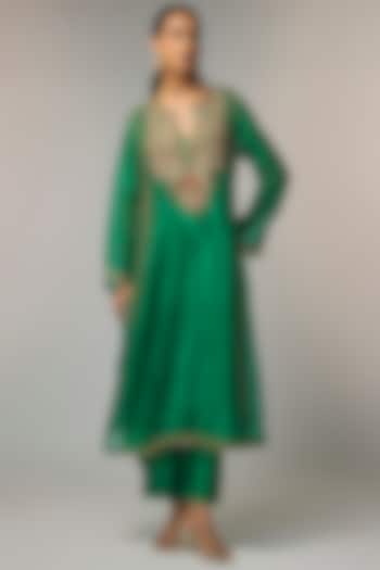 Green Silk Tencel Zardosi Embroidered Kurta Set by Niti Bothra at Pernia's Pop Up Shop