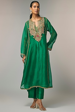 Green Silk Tencel Zardosi Embroidered Kurta Set by Niti Bothra