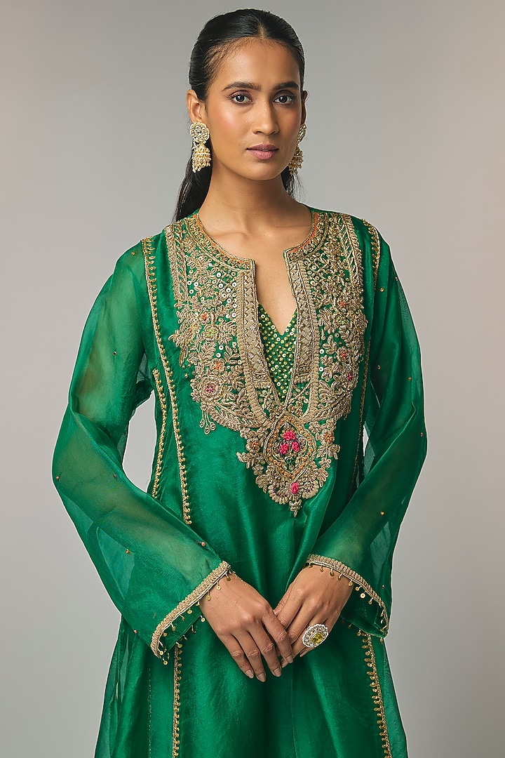 Green Silk Tencel Zardosi Embroidered Kurta Set by Niti Bothra at Pernia's Pop Up Shop