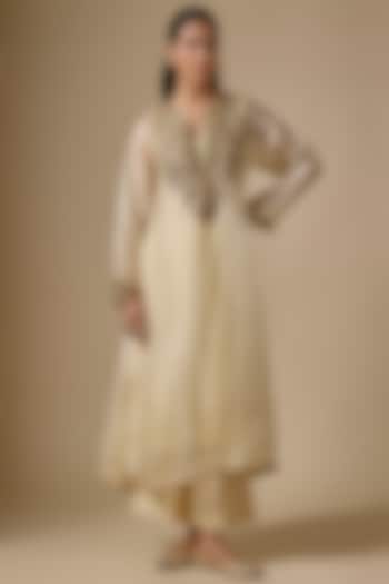 Ivory Organza Zardosi Embroidered Long Pheran Kurta Set by Niti Bothra at Pernia's Pop Up Shop