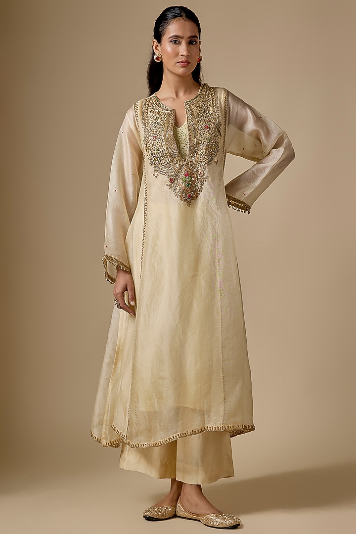 Ivory Organza Zardosi Embroidered Long Pheran Kurta Set by Niti Bothra at Pernia's Pop Up Shop