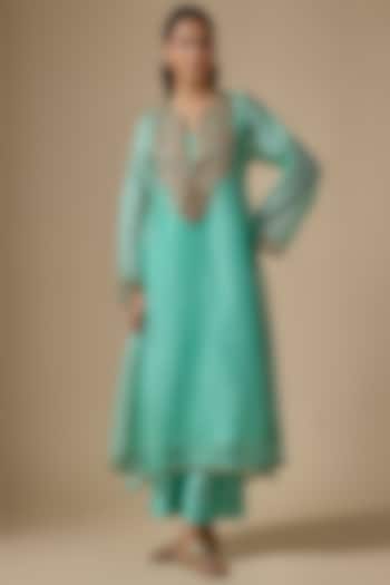 Light Blue Organza Zardosi Embroidered Long Pheran Kurta Set by Niti Bothra at Pernia's Pop Up Shop