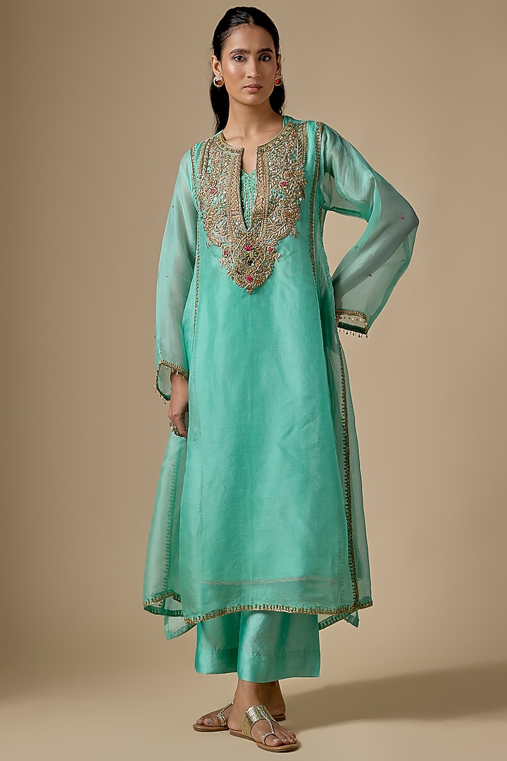 Light Blue Organza Zardosi Embroidered Long Pheran Kurta Set by Niti Bothra at Pernia's Pop Up Shop