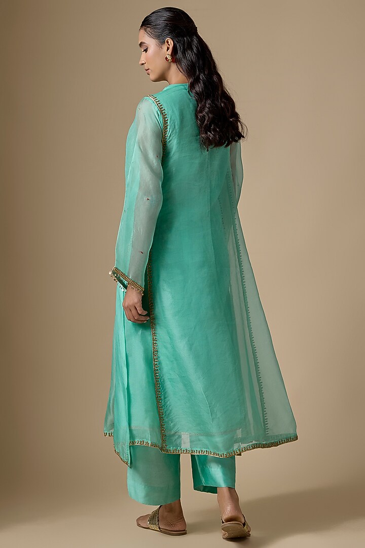 Light Blue Organza Zardosi Embroidered Long Pheran Kurta Set by Niti Bothra at Pernia's Pop Up Shop