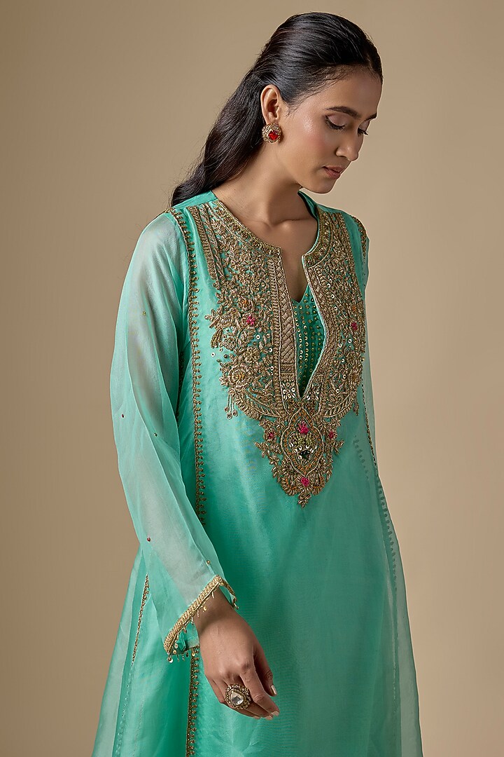 Light Blue Organza Zardosi Embroidered Long Pheran Kurta Set by Niti Bothra at Pernia's Pop Up Shop