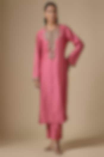 Pink Silk Tencel Zardosi Embroidered & Printed Kurta Set by Niti Bothra at Pernia's Pop Up Shop