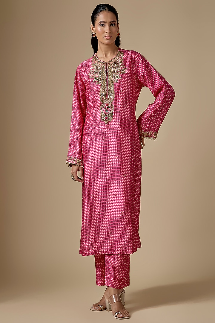 Pink Silk Tencel Zardosi Embroidered & Printed Kurta Set by Niti Bothra at Pernia's Pop Up Shop