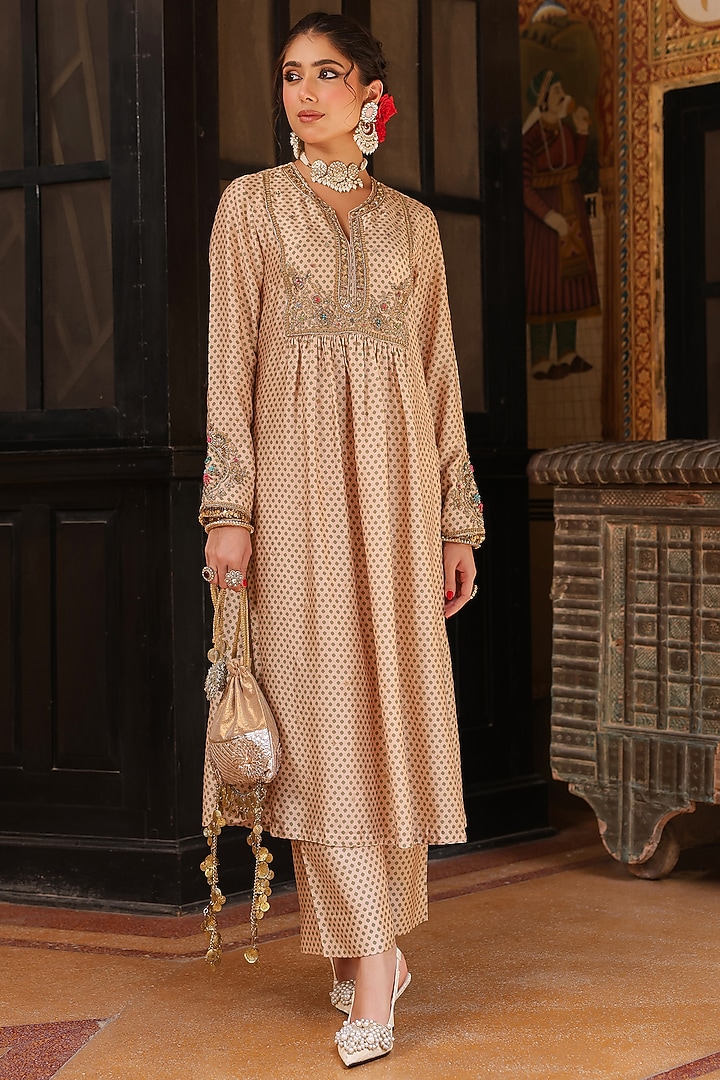 Ivory Silk Tencel Zardosi Embroidered & Printed Kurta Set by Niti Bothra at Pernia's Pop Up Shop