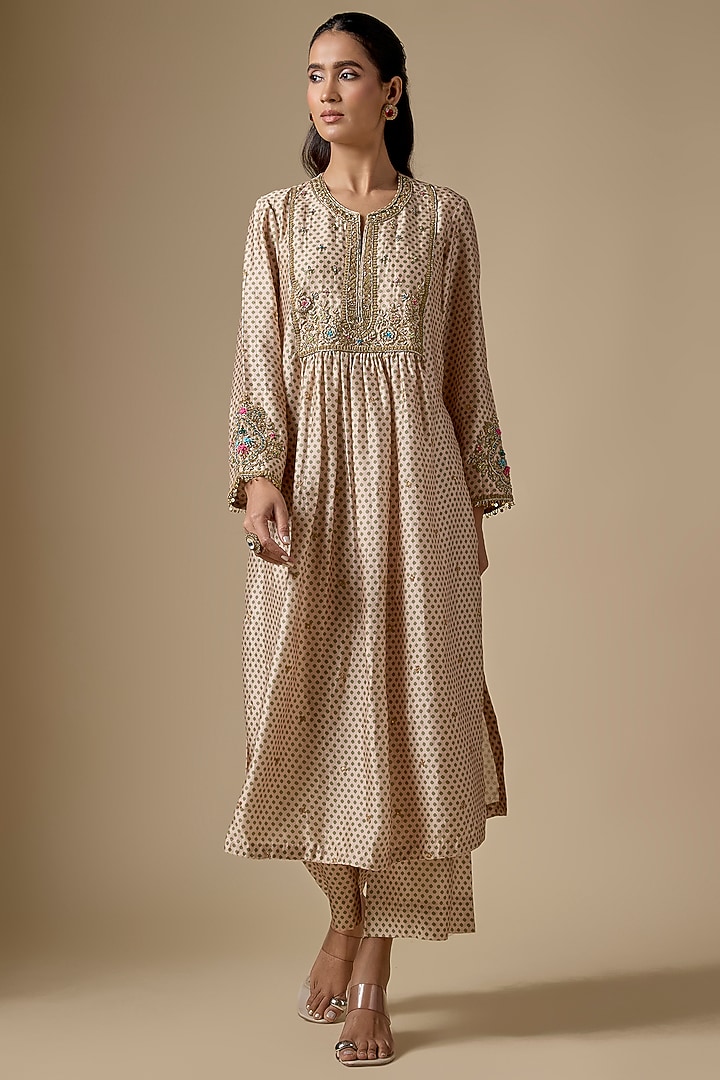 Ivory Silk Tencel Zardosi Embroidered & Printed Kurta Set by Niti Bothra at Pernia's Pop Up Shop
