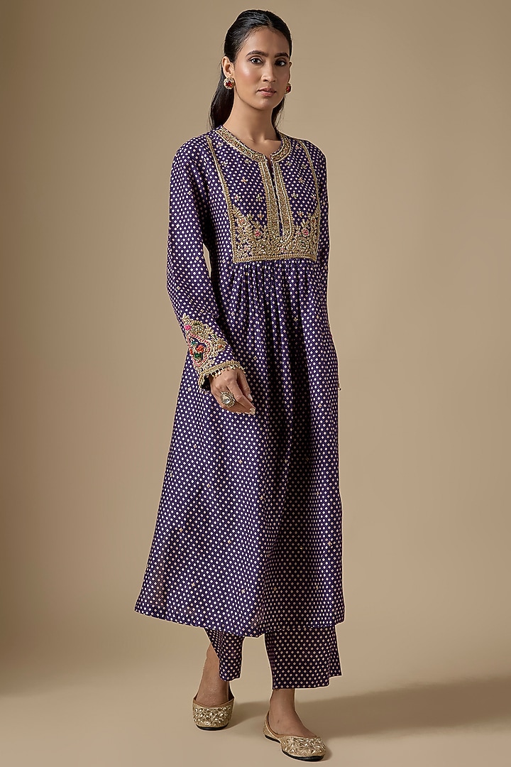Purple Silk Tencel Zardosi Embroidered & Printed Kurta Set by Niti Bothra at Pernia's Pop Up Shop