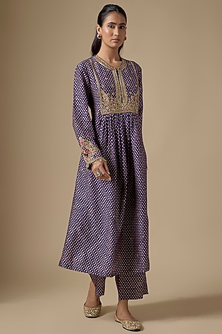 Purple Silk Tencel Zardosi Embroidered & Printed Kurta Set by Niti Bothra