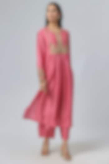 Pink Silk Tencel Bandhej Printed Frock-Style Kurta Set by Niti Bothra at Pernia's Pop Up Shop