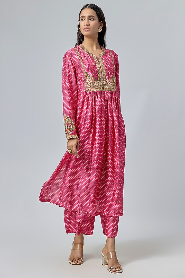 Pink Silk Tencel Bandhej Printed Frock-Style Kurta Set by Niti Bothra at Pernia's Pop Up Shop
