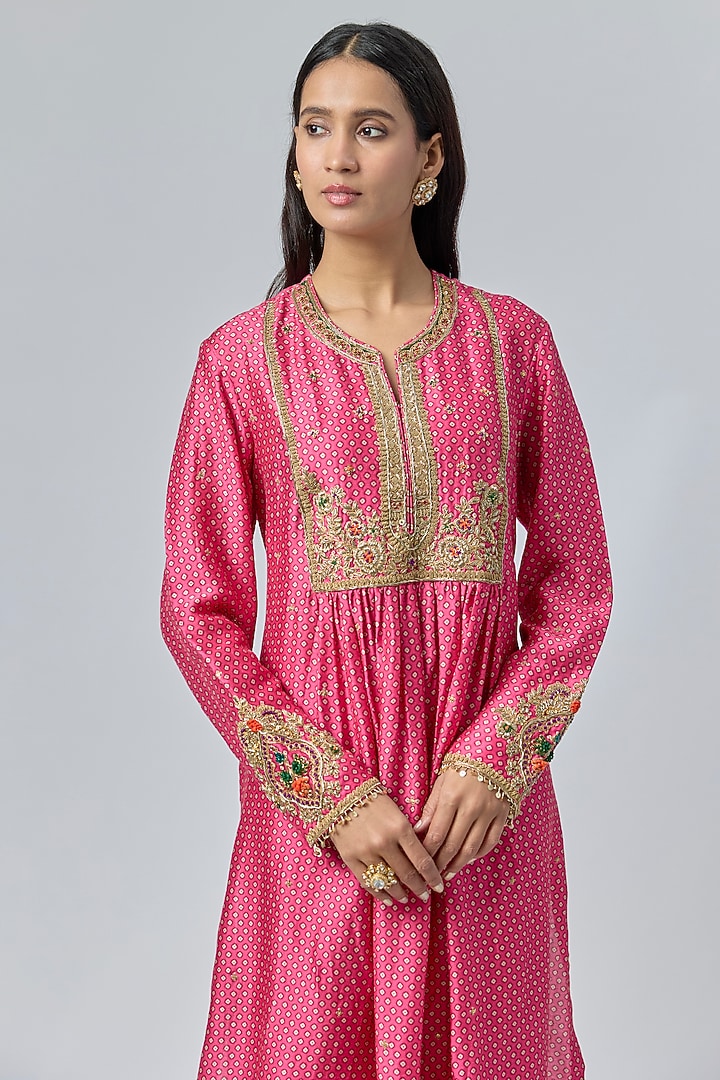 Pink Silk Tencel Bandhej Printed Frock-Style Kurta Set by Niti Bothra at Pernia's Pop Up Shop