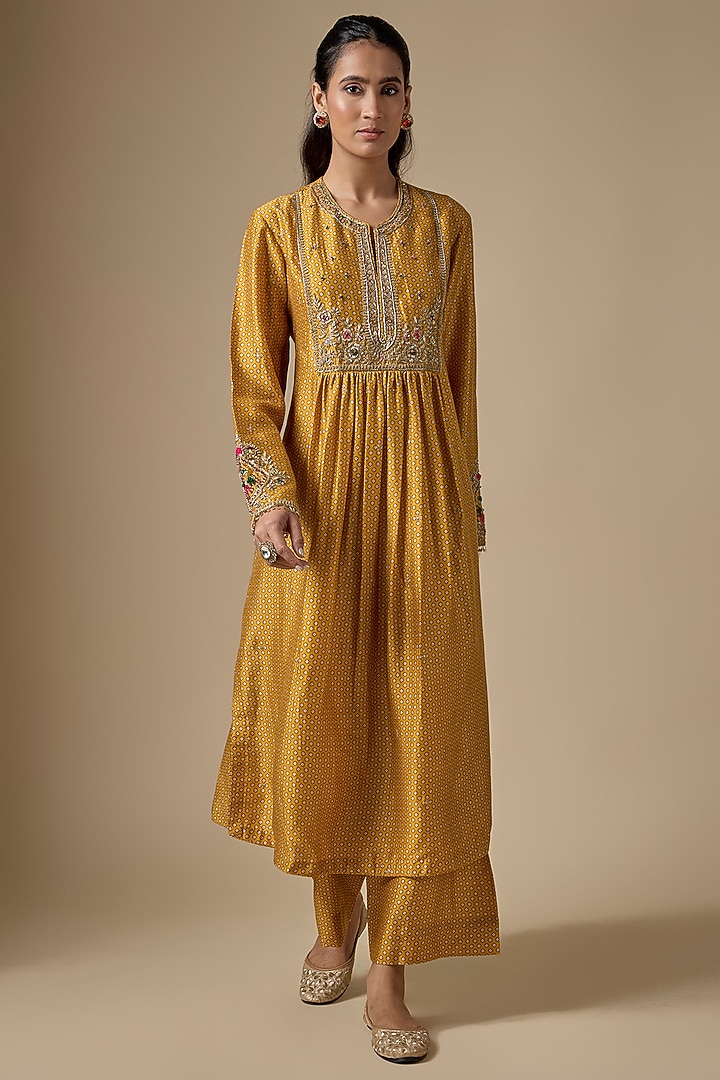 Mustard Silk Tencel Zardosi Embroidered & Printed Kurta Set by Niti Bothra at Pernia's Pop Up Shop