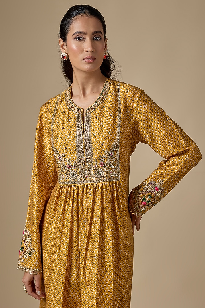 Mustard Silk Tencel Zardosi Embroidered & Printed Kurta Set by Niti Bothra at Pernia's Pop Up Shop