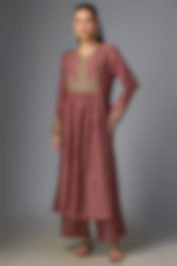 Maroon Silk Tencel Embroidered & Printed Kurta Set by Niti Bothra at Pernia's Pop Up Shop